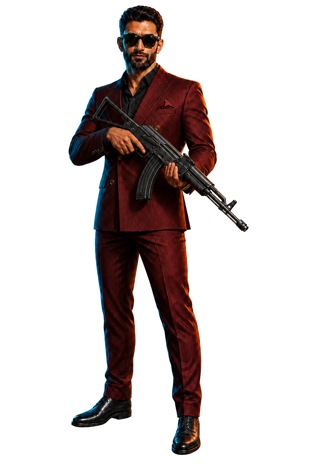 A cinematic 3D-styled portrait of Ankit wearing sunglasses and a burgundy suit, holding a fictional combat rifle